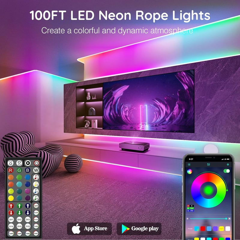 Sinley Led Neon Rope Lights 100FT,Control with App/Remote,Flexible Led Rope Lights,Multiple Modes,IP68 Outdoor RGB Neon Lights Waterproof,Music Sync Gaming Led Strip Lights for Bedroom Indoor - Image 2